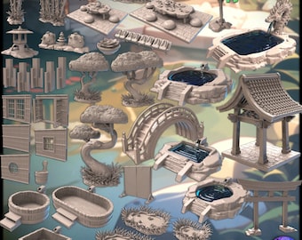 May include: A 40-piece set of 3D printed Japanese garden miniatures, including a bridge, pagoda, bonsai trees, lanterns, and various ponds. The set is pre-supported and hollowed for easier printing.