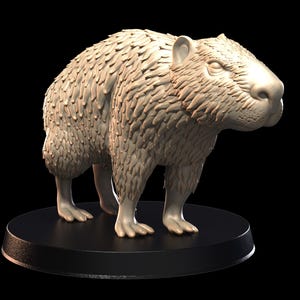 May include: A detailed, light beige capybara figurine, standing on a black circular base. The capybara has textured fur and a detailed face, with visible ears and a prominent nose. The background is solid black.