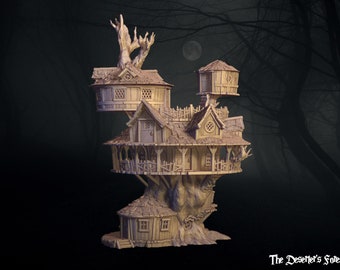 May include: A wooden treehouse model with multiple levels and a thatched roof. The treehouse is built on a thick tree trunk and has a small balcony on the top level. The treehouse is set against a dark forest background.