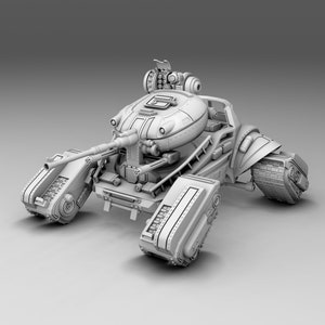 Könnte beinhalten: Ein weißes, futuristisches, tankartiges Fahrzeug mit einem großen, runden Turm und Ketten an Vorder- und Rückseite. Das Fahrzeug hat ein detailliertes Design mit vielen kleinen Teilen und einer großen Kanone vorne.