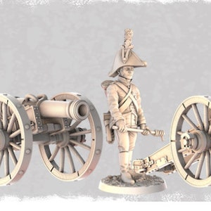 May include: A white plastic miniature cannon with two wheels and a crew member standing next to it. The cannon is pointed to the right and the crew member is holding a long stick.