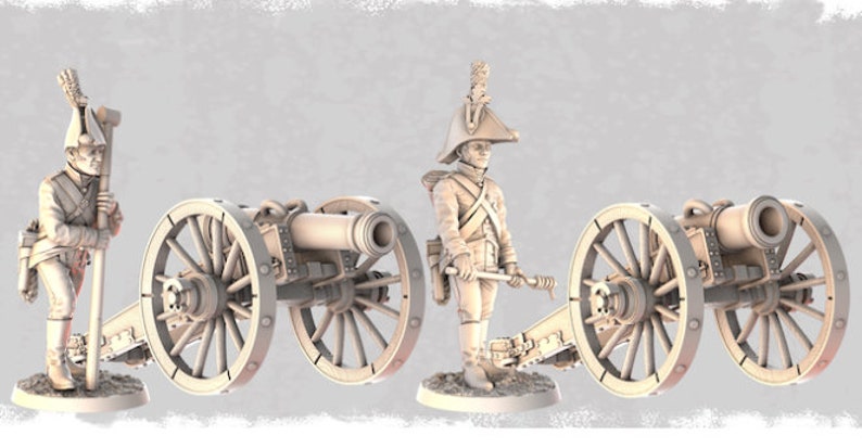 May include: A white plastic miniature cannon with two wheels and a crew member standing next to it. The cannon is pointed to the right and the crew member is holding a long stick.