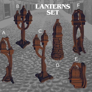 May include: Set of six brown metal lanterns with different designs. The lanterns are labeled A through F.  LANTERNS SET is written in white text on a black background.