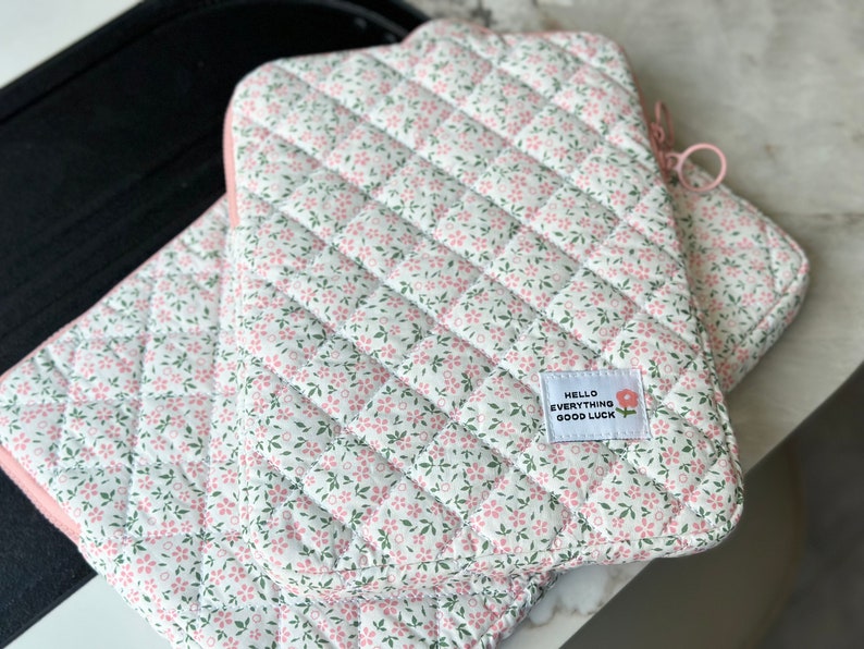 Quilted Pink Floral iPad Pouch,Floral iPad Air Pro Case,Flower iPad Sleeve,iPad Bag,Cute Laptop Sleeve,Laptop Bag image 6