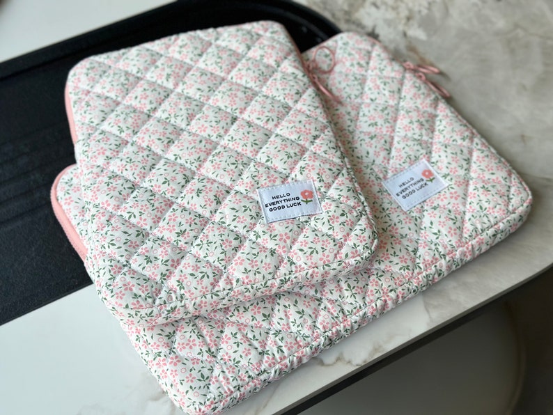 Quilted Pink Floral iPad Pouch,Floral iPad Air Pro Case,Flower iPad Sleeve,iPad Bag,Cute Laptop Sleeve,Laptop Bag image 1