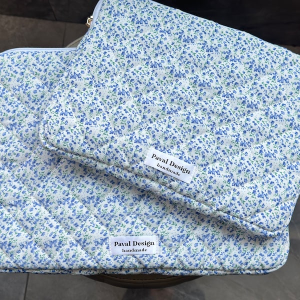 Bolsa acolchada para iPad floral rosa azul, funda floral para iPad Air Pro, funda para iPad de flores, bolsa para iPad, funda para computadora portátil linda, bolsa para computadora portátil