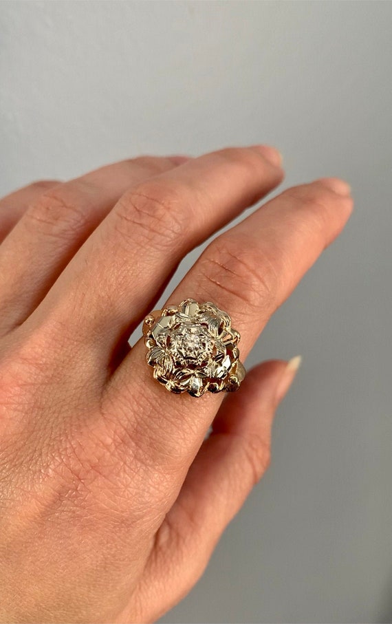 18K Yellow Gold and Diamond Floral Tank Ring