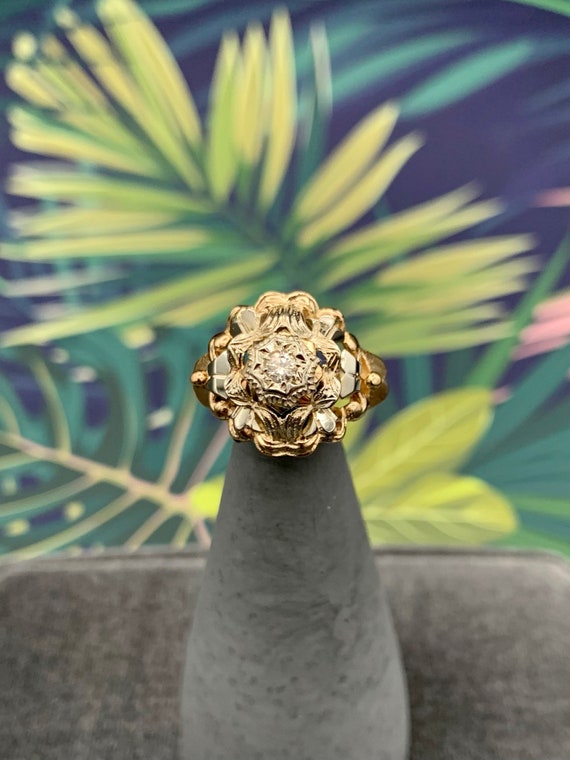 18K Yellow Gold and Diamond Floral Tank Ring - image 2