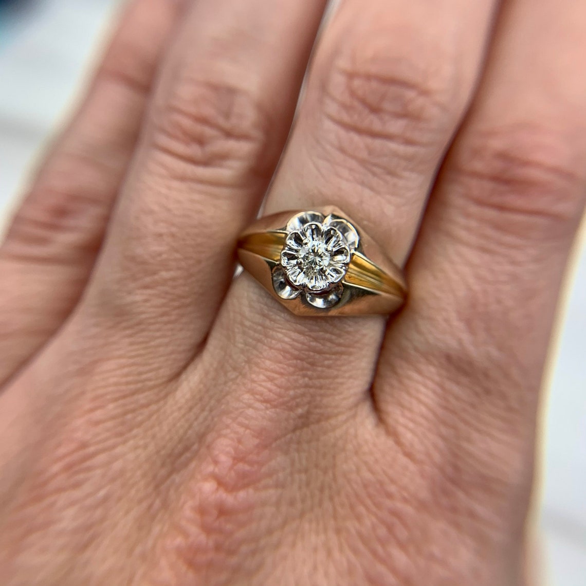 10k Yellow Gold and Diamond Belcher Ring Etsy