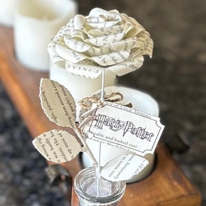 May include: A white paper rose made from the pages of a book, with a tag that says "Harry Potter" and "rest of Uncle Vernon's", in a clear glass vase.