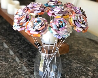 12 Graphic Novel Paper Roses - Book Art - Paper Flowers - Book Page Flowers