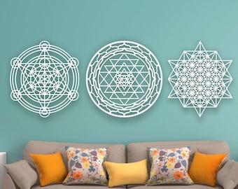 Arte murale in legno con geometria sacra: Sri Yantra, cubo di Metatron, tetraedro