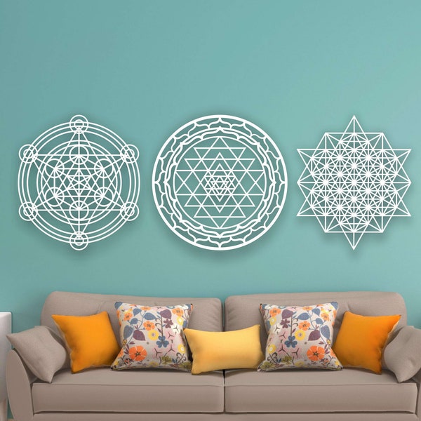 Sacred Geometry Sri Yantra, Metatron Cube, Tetrahedron Wall Decor, Abundance Wooden Wall Art, Geometric Home Decoration, Housewarming Gift