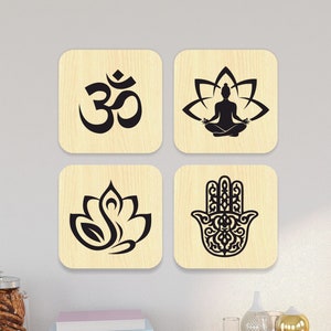 Yoga Wall Art Set, Wooden Wall Decor, Chakra Symbols Mandala Wall Decoration, Yoga Room Decor, Gift for Him, Gift for Her