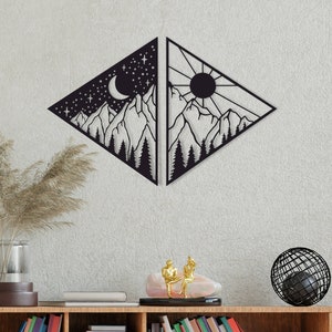 Art soleil et lune, décoration murale montagne, au-dessus du lit, art mural bois, tenture murale forêt, art mural, décoration murale en bois, cadeau de pendaison de crémaillère