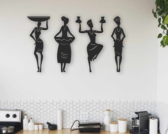 African Women Wall Art: Laser Cut Black MDF Decor, Set of 4