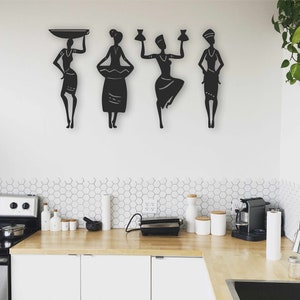 Set of 4 African Women Wall Decoration, Laser Cut Black MDF Wall Art, Wall Design, Wooden Wall Decor, Housewarming Gift, Livingroom, Kitchen