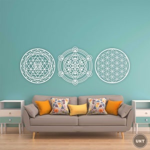 Sacred Geometry, Sri Yantra, Metatron&#39;s Cube, Flower Of Life Set of 3 Wall Art, Wooden Wall Decoration, Yoga Decor, Home Decor, Laser Cut