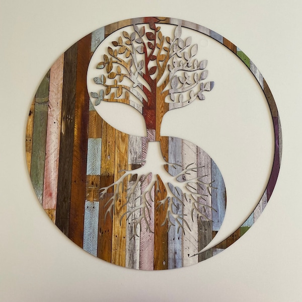 Yin Yang Baum des Lebens Wanddekoration, Farbige Holz Wandkunst, Laser cut Wandbehänge Einweihungsgeschenk, Wohnzimmer Geschenk