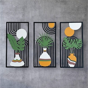 Handmade Bohemian Wooden Wall Hanging | Double-Tiered Leafy Plant Vase Decor | Colorful Rustic Art
