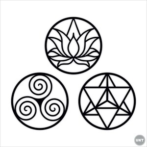 May include: Three black and white circular designs. The top design is a lotus flower. The left design is a triple spiral. The right design is a geometric star.