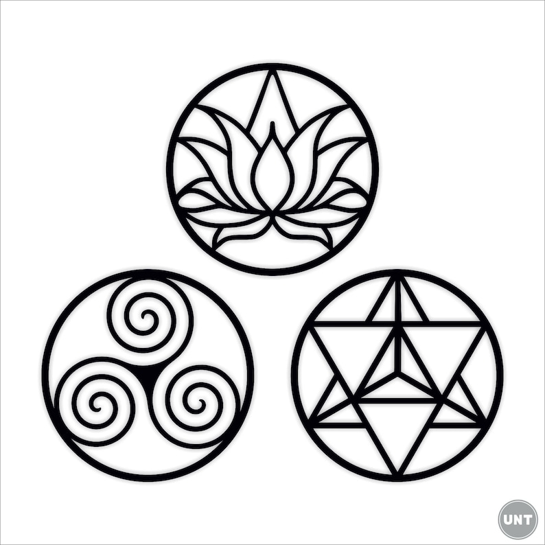 May include: Three black and white circular designs. The top design is a lotus flower. The left design is a triple spiral. The right design is a geometric star.