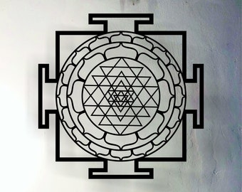 May include: Black metal wall art featuring a Sri Yantra, a sacred geometric symbol in Hinduism, surrounded by a lotus flower design.