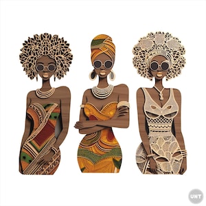 Laser Cut African Women Wall Art: Set of 3 Colored Wood Decor