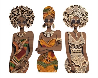 Laser Cut African Women Wall Art: Set of 3 Colored Wood Decor