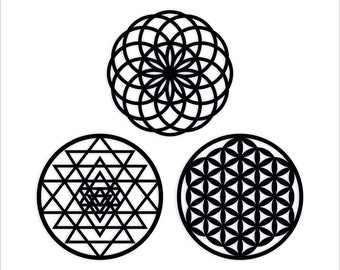 Sacred Geometry, Sri Yantra, Torus, Flower Of Life Set of 3 Wall Art, Wooden Wall Decoration, Yoga Decor, Home Decor, Wall Hangings