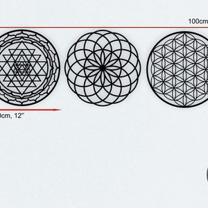 May include: Three black and white geometric wall decor pieces. The pieces are circular and feature different patterns. The piece on the left is a Sri Yantra, the middle piece is a Flower of Life, and the piece on the right is a Seed of Life. The pieces are 12 inches in diameter and 39 inches wide.