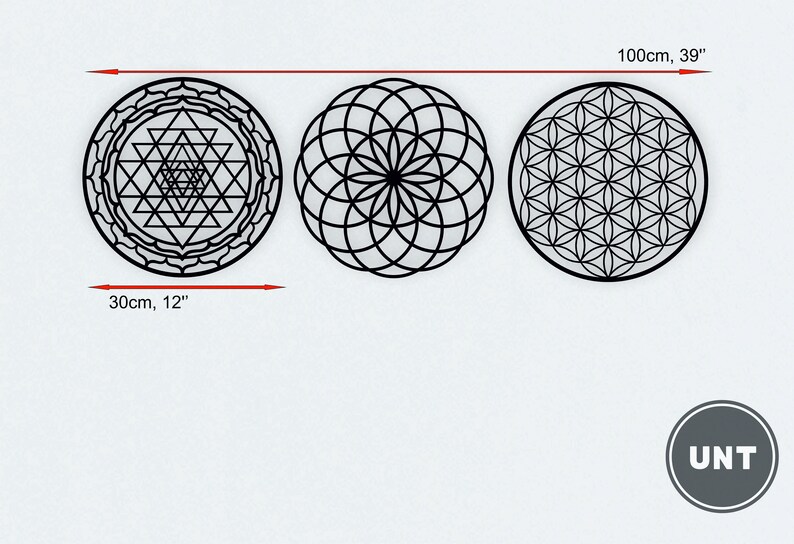 May include: Three black and white geometric wall decor pieces. The pieces are circular and feature different patterns. The piece on the left is a Sri Yantra, the middle piece is a Flower of Life, and the piece on the right is a Seed of Life. The pieces are 12 inches in diameter and 39 inches wide.