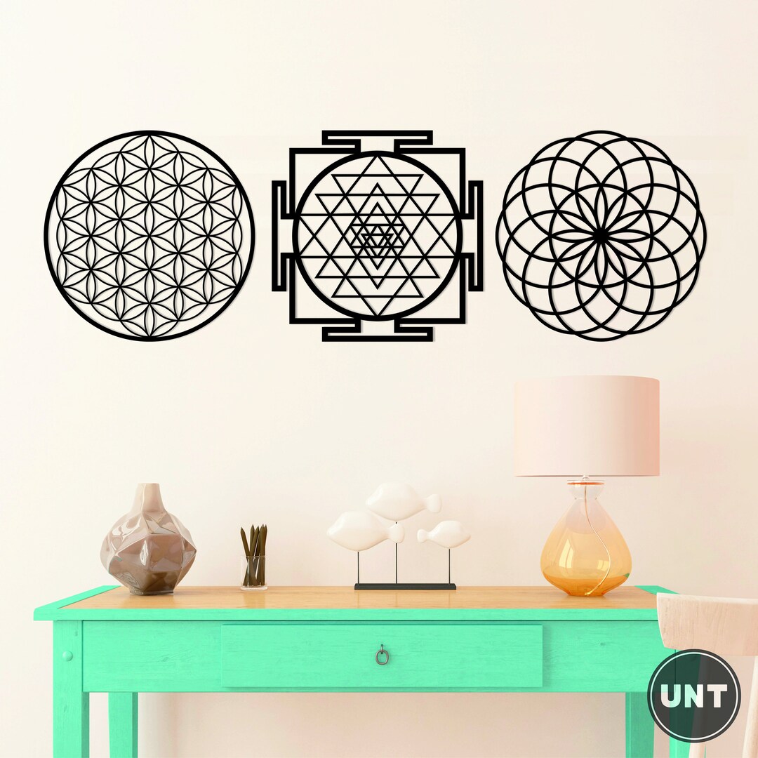 Sacred Geometry Set of 3 Wall Art, Sri Yantra, Flower of Life, Wooden ...