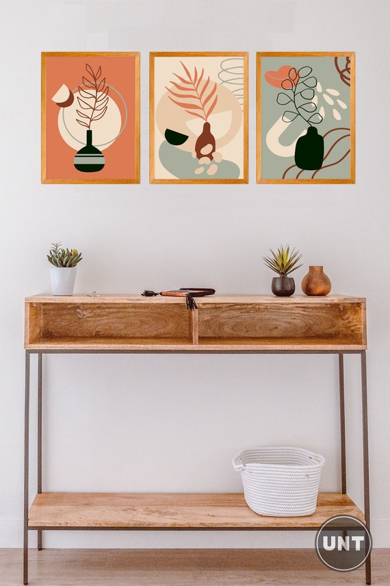 Vase Flower Set of 3 Wall Decor Wooden Framed Boho Abstract Etsy