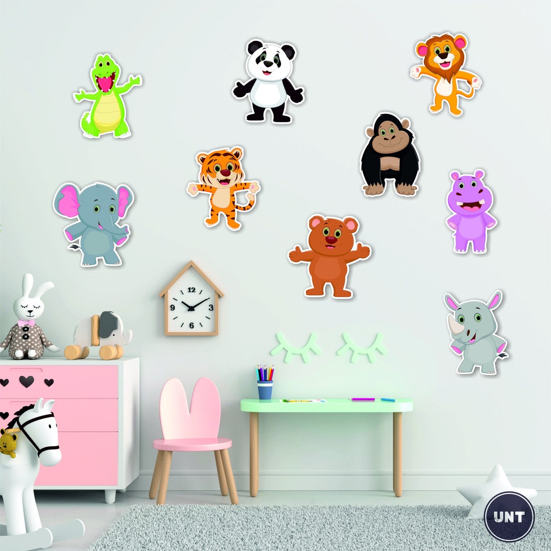 Set of 9 Wooden Wall Art, Colored Animals Wall Decoration, Jungle Theme