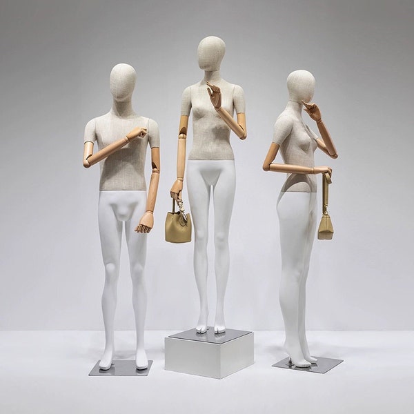 High Quality Female Male Full Body Mannequin,Upper Body Wrapped Bamboo Linen Bottom Leg Painting Matte White Dress Form With Wooden Arms