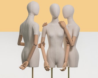 Luxuriöse Halbkörper-Mannequin-Torso-Display-Kleiderform, Hochzeitskleid-Kleid-Display, graues Leinen-Mannequin-Torso-Modell, Puppenkopf für Perücken