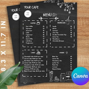 Plantilla editable de Canva para menú de restaurante o cafetería estilo pizarra, plantilla de lista de precios imprimible minimalista, tamaño A4