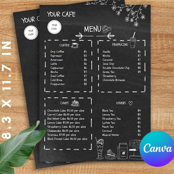 Chalkboard Style Cafe, Restaurant Menu Editable Canva Template, Minimalist Printable Price List Template, A4 Size