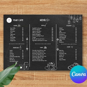 Menú de cafetería temática de pizarra, plantilla de menú Canva editable para negocios de restaurantes, plantilla de bricolaje digital de menú de comida