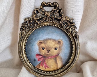 Teddy bear oil painting originail painting vintage style handmade frame