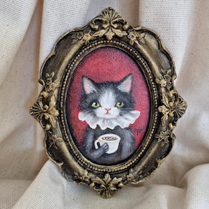 Retrato de gato vintage con marco ovalado, pintura de gato original antigua hecha a mano, pintura al óleo de gato, pintura original de pared, galería de arte de gato