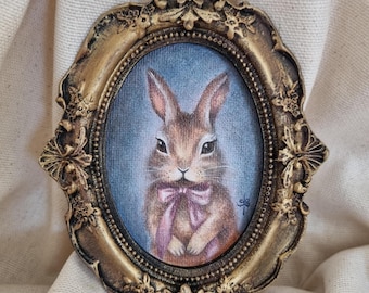 Retrato de conejo en marco ovalado vintage, pintura al óleo de conejo hecha a mano