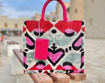 Silk Velvet Tote Bag, Silk Velvet Ikat Tote Bag, Tote Bag, Fashion Bags, Ikat Bag, Velvet Bag, Ikat Tote bag, Shop bag, Hand Made Ikat Tote