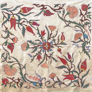 Silk Suzani Throw With Antique Bukhara Design, Suzani Textile, Red & Blue Suzani, Uzbek suzani, Handmade suzani, Suzani Fabrique