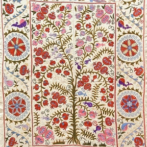 Silk Suzani Throw With Antique Bukhara Design, Suzani Textile, Red & Blue Suzani, Uzbek suzani, Handmade suzani, Suzani Fabrique