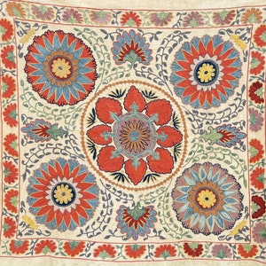 Classic Suzani Throw With Pomegranate Design, Suzani Textile, Red & Blue Suzani, Classic Suzani,Uzbek suzani,Handmade suzani,Suzani Fabrique