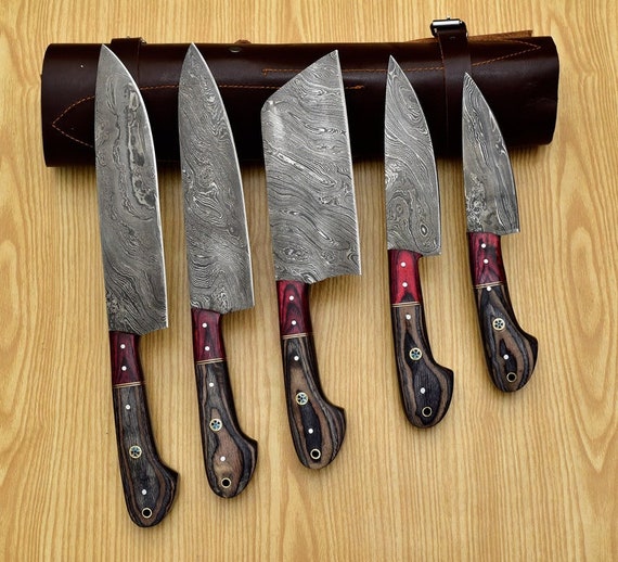 Handmade Damascus Chef Set of 5pcs With Leatherdamascus Knife 