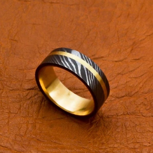 Damascus Ring / Man Ring / Man Wedding Ring / Man Promise Ring Damascus Steel Ring Man Ring Wood Inlay Ring Engagement Ring Man Wedding Band