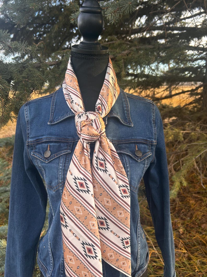 Satin Wildrag Scarf Western Style Cowboy Bandana Neck Wrap Square Design Geometric Pattern Aztec Inspired Bohemian Accessory Rodeo Fashion Statement Ranch Wear Country Lifestyle Essential Stylish Protection Versatile Layering Fashionable